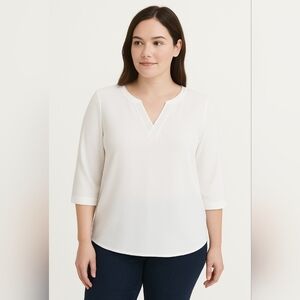 Van Heusen V Neck 3/4 Sleeve Relaxed Blouse White Light Cream Color Large
